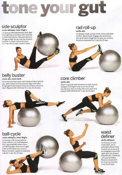 A woman performing rectus abdominis muscle exercises using a stability ball.photo
