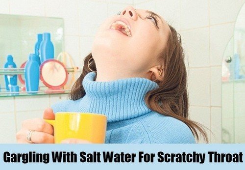 Salt water,saline gargle, one of the home remedies for scratchy throat.image