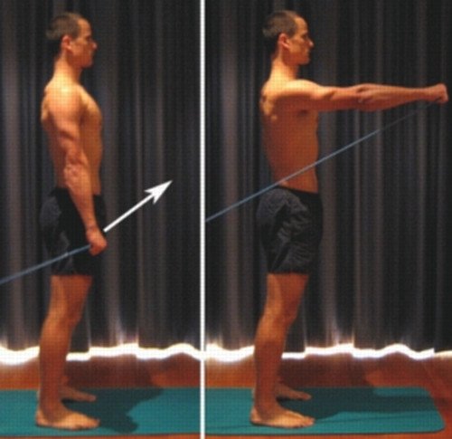 Deltoid muscle exercise using a resistance band.image